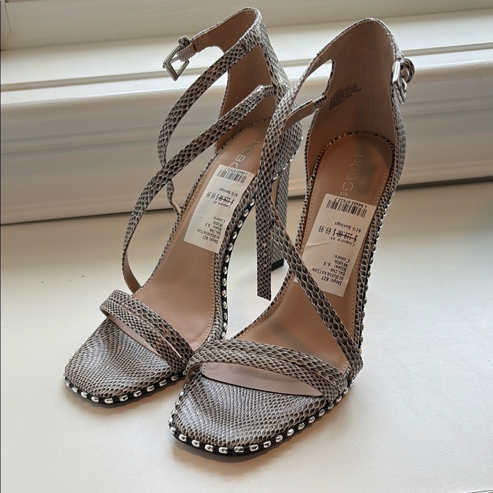 BCBGeneration Gray Stiletto Heels with Crisscross Straps